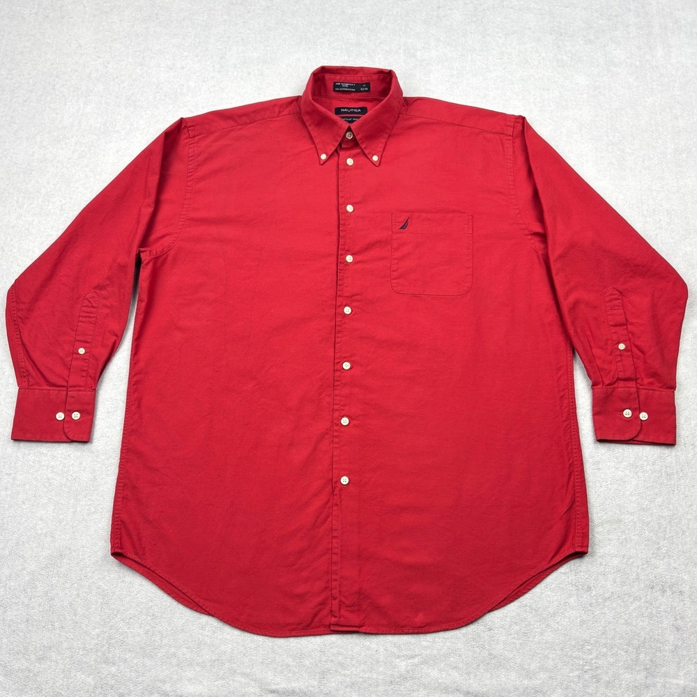 Nautica Vintage Oxford Shirt Mens 17 32 33 Red Long Sleeve Button Down Cotton XL